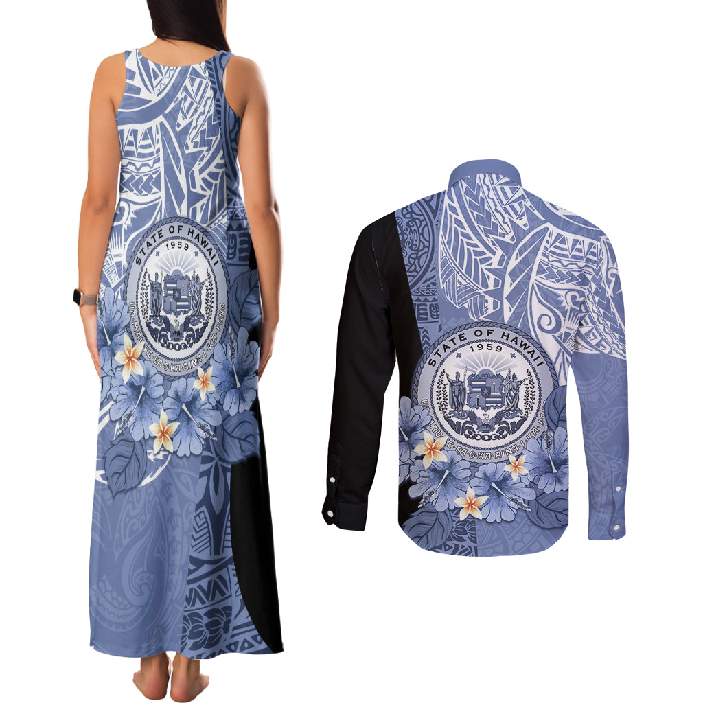 Aloha Vintage Hawaii Tribal Couples Matching Tank Maxi Dress and Long Sleeve Button Shirt Blue Style LT9 - Polynesian Pride