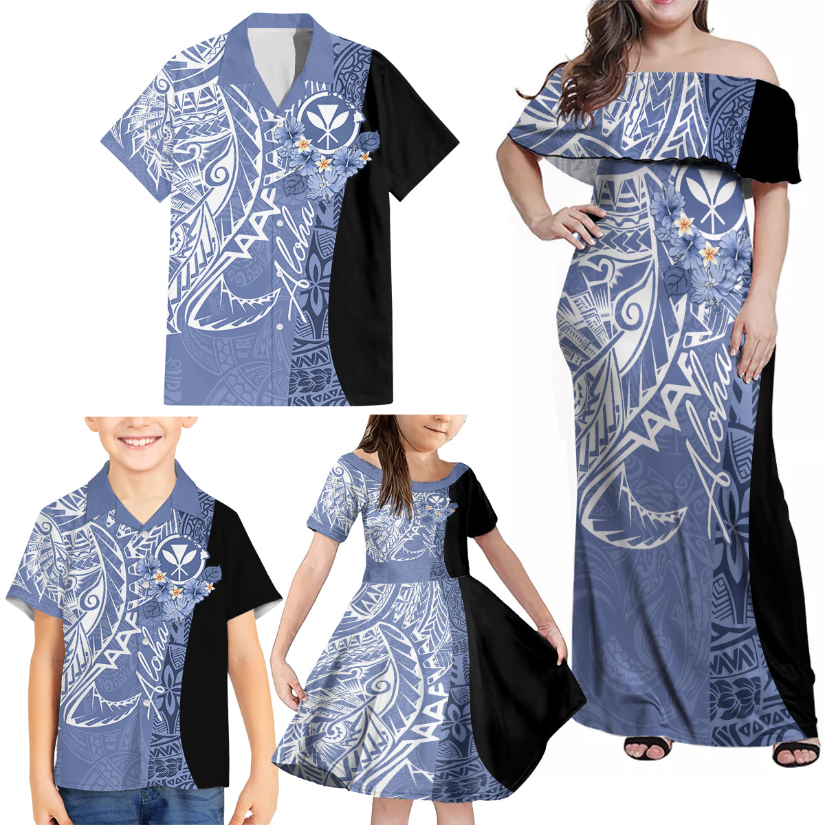 Aloha Vintage Hawaii Tribal Family Matching Off Shoulder Maxi Dress and Hawaiian Shirt Blue Style LT9 - Polynesian Pride