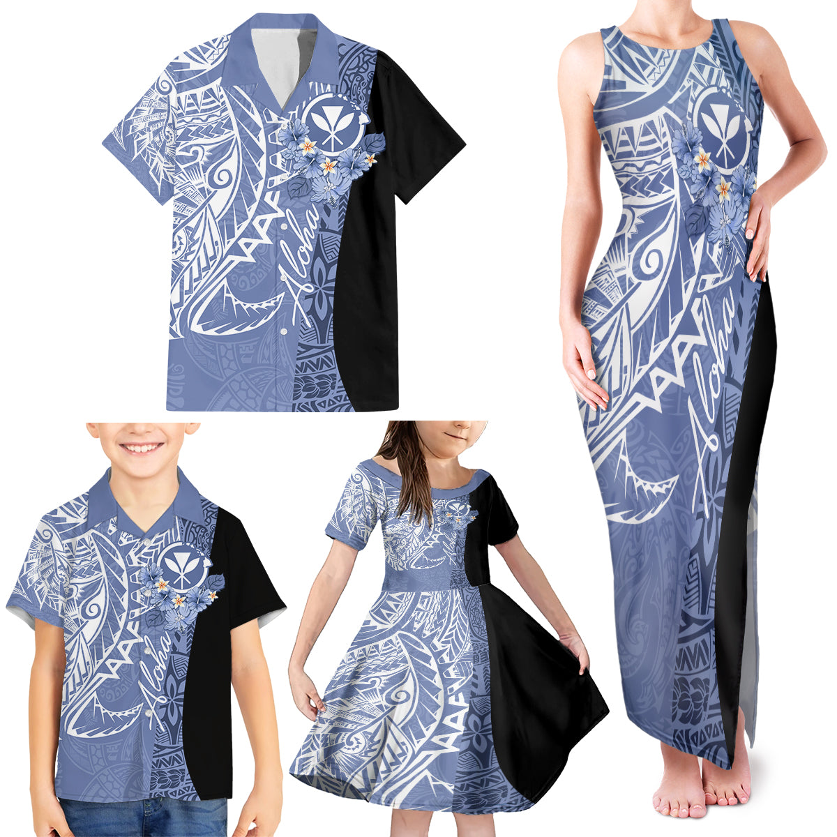 Aloha Vintage Hawaii Tribal Family Matching Tank Maxi Dress and Hawaiian Shirt Blue Style LT9 - Polynesian Pride