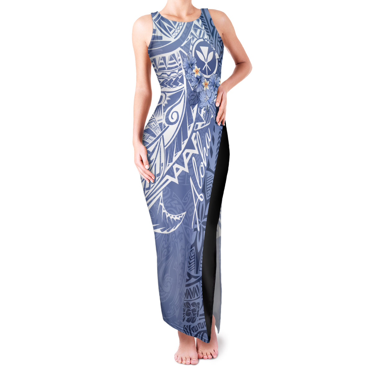 Aloha Vintage Hawaii Tribal Family Matching Tank Maxi Dress and Hawaiian Shirt Blue Style LT9 Mom's Dress Blue - Polynesian Pride