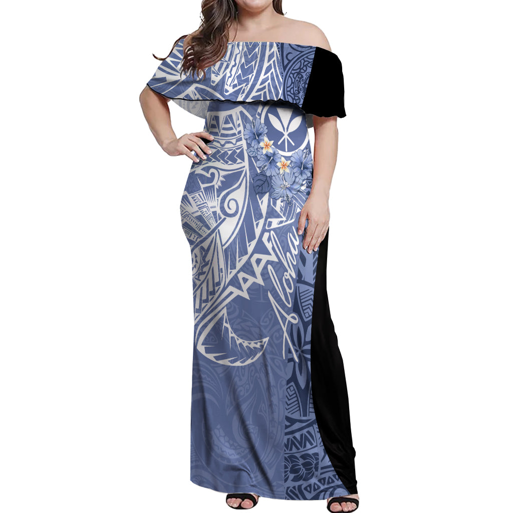 Aloha Vintage Hawaii Tribal Off Shoulder Maxi Dress Blue Style LT9 Women Blue - Polynesian Pride