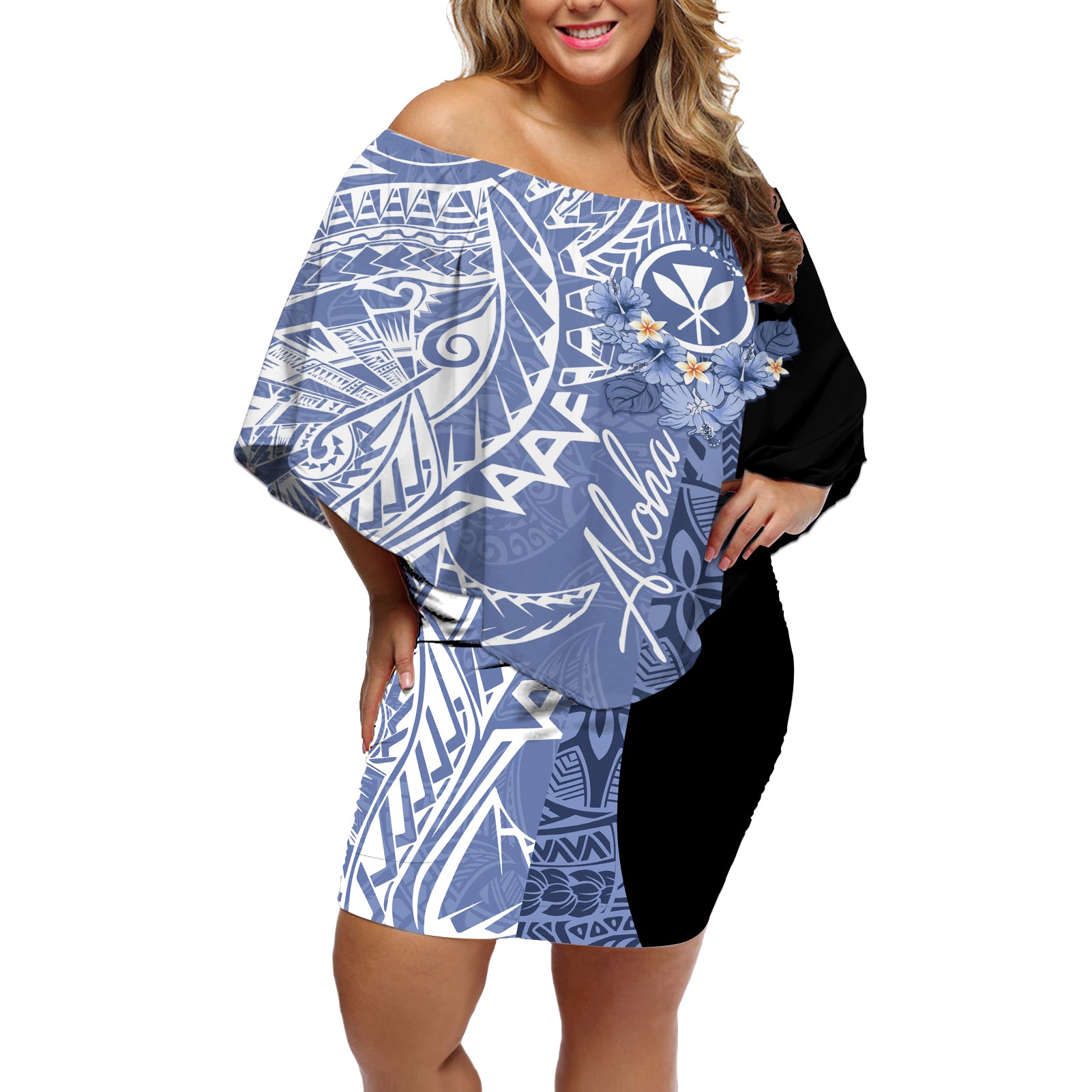 Aloha Vintage Hawaii Tribal Off Shoulder Short Dress Blue Style LT9 Women Blue - Polynesian Pride