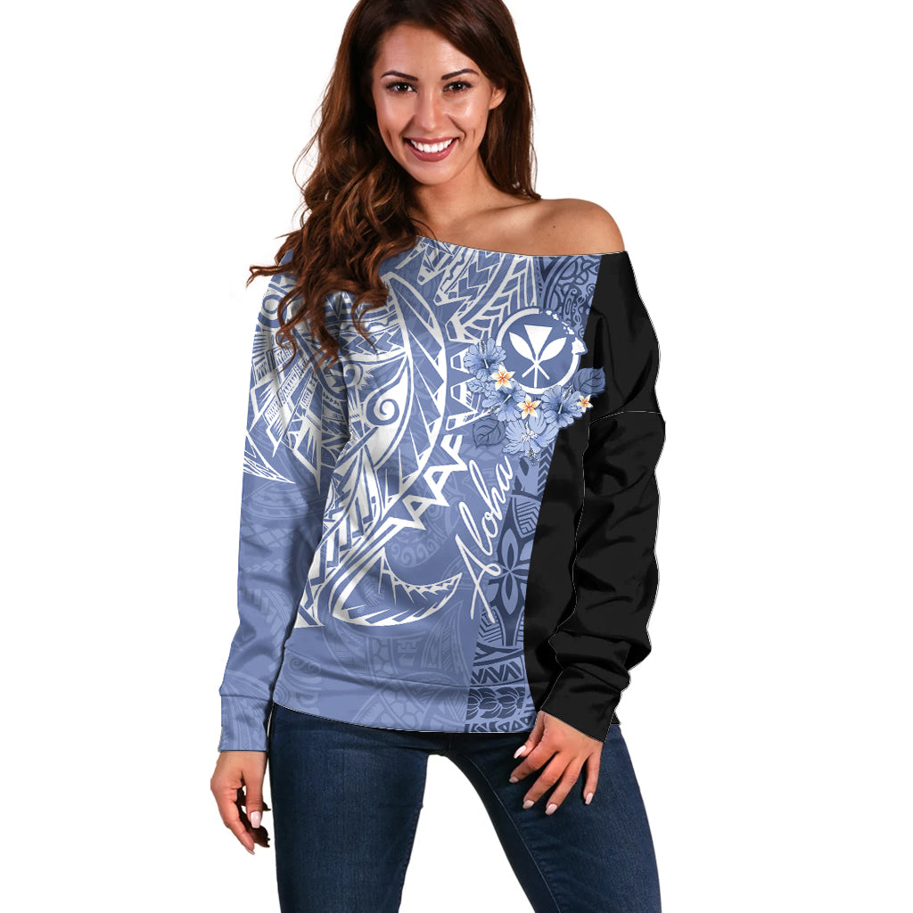 Aloha Vintage Hawaii Tribal Off Shoulder Sweater Blue Style LT9 Women Blue - Polynesian Pride