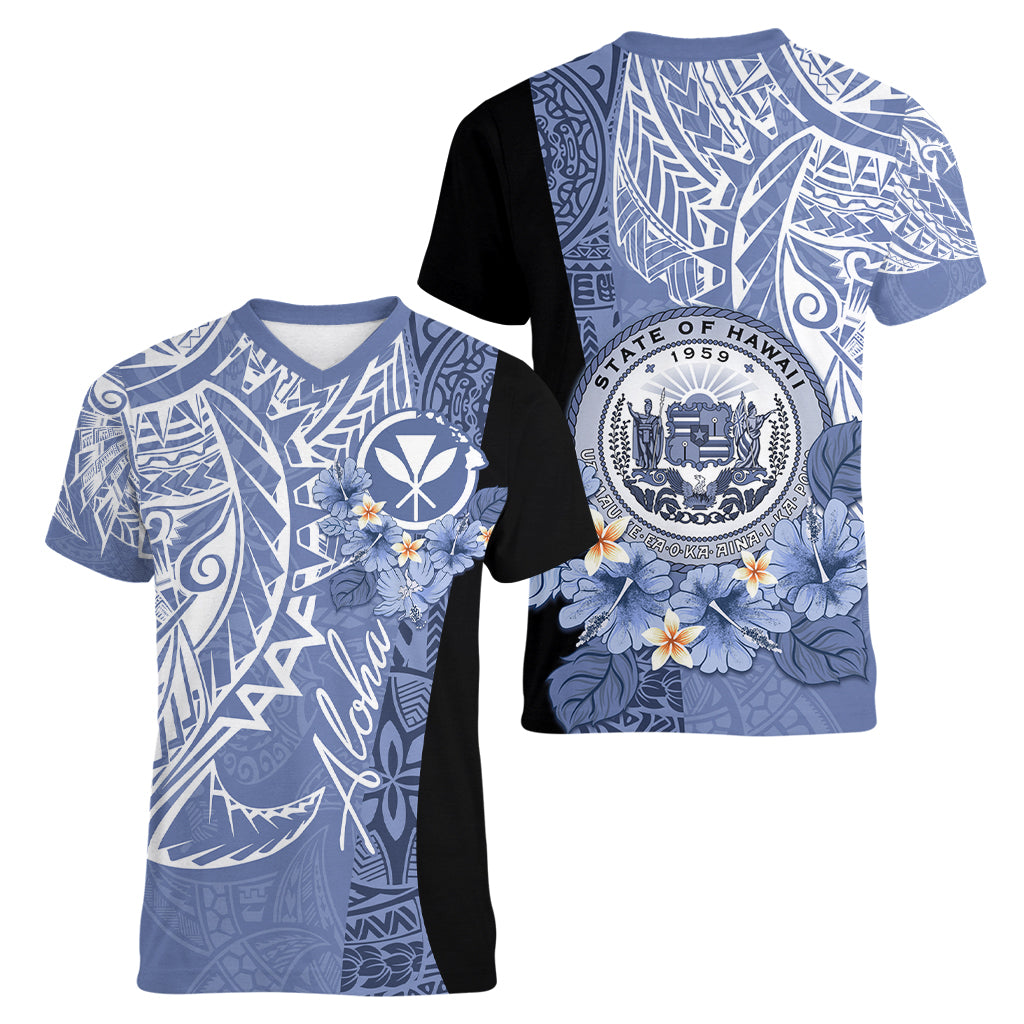 Aloha Vintage Hawaii Tribal Women V Neck T Shirt Blue Style LT9 - Polynesian Pride