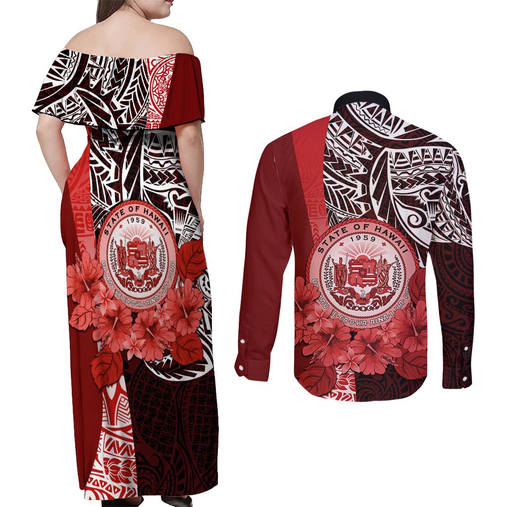Aloha Vintage Hawaii Tribal Couples Matching Off Shoulder Maxi Dress and Long Sleeve Button Shirt Red Style LT9 - Polynesian Pride