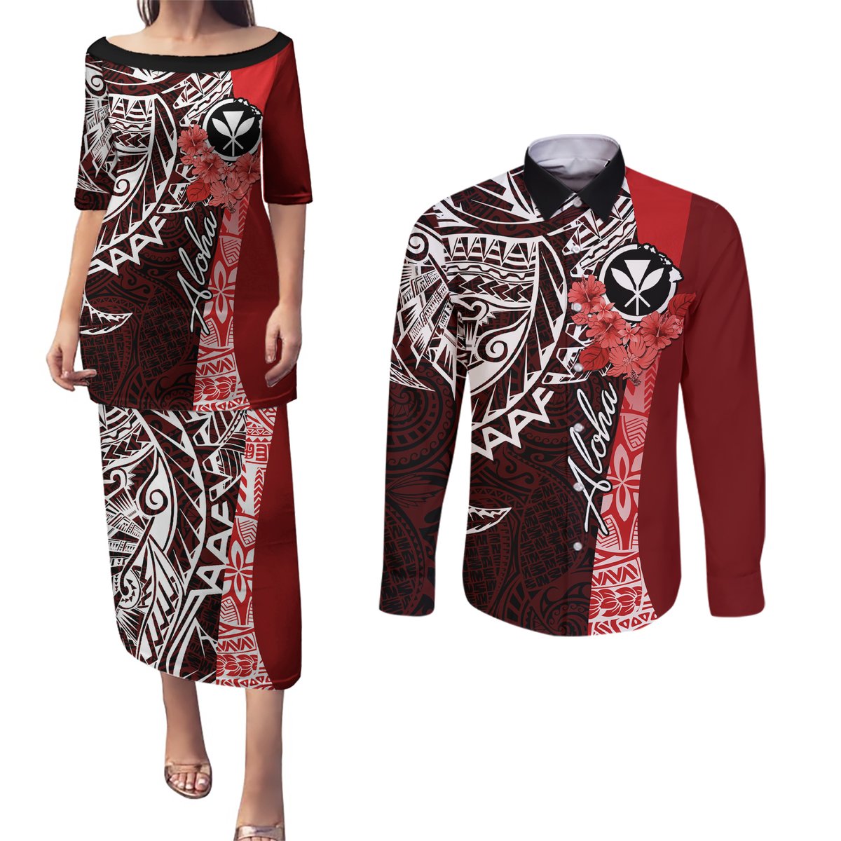 Aloha Vintage Hawaii Tribal Couples Matching Puletasi Dress and Long Sleeve Button Shirt Red Style LT9 Red - Polynesian Pride
