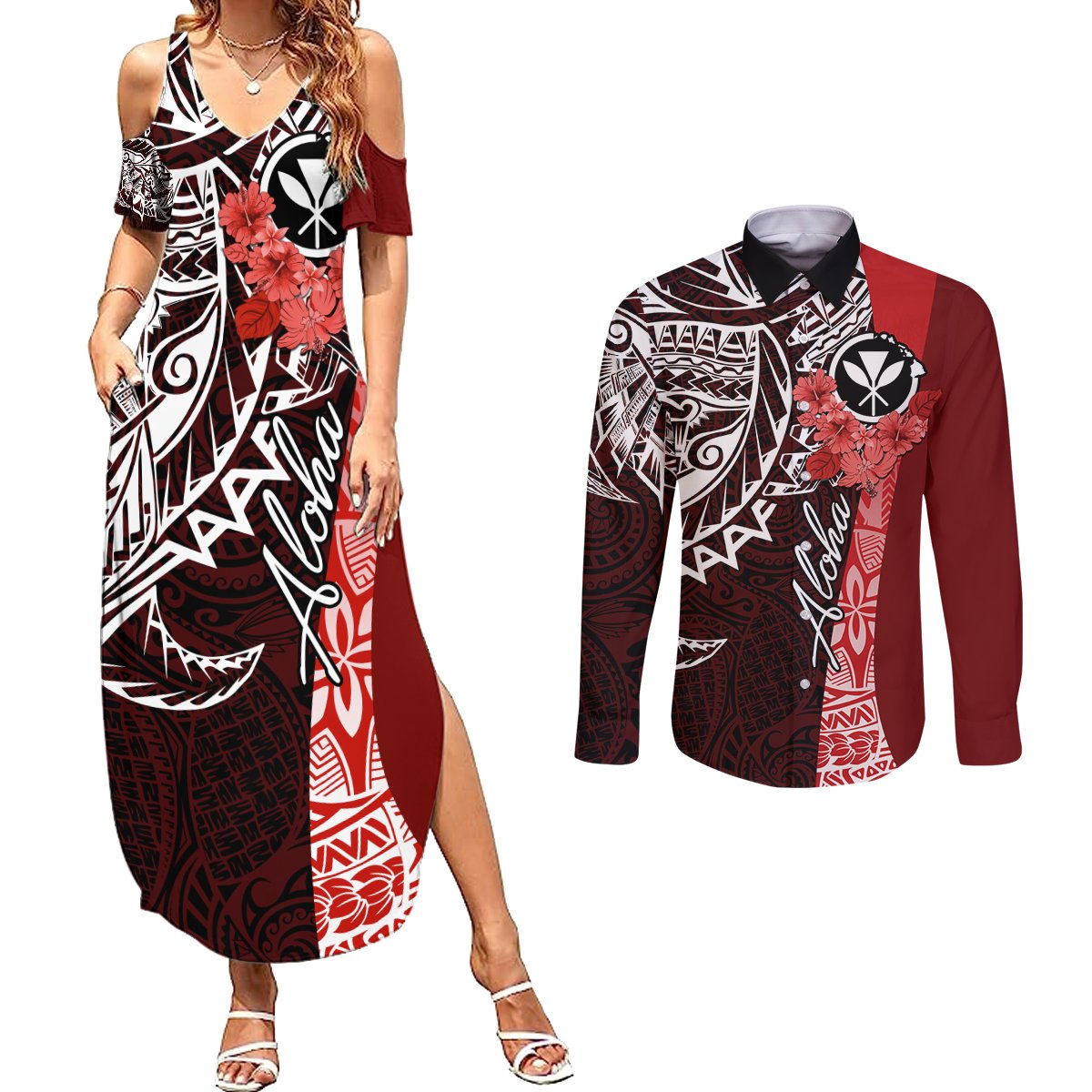 Aloha Vintage Hawaii Tribal Couples Matching Summer Maxi Dress and Long Sleeve Button Shirt Red Style LT9 Red - Polynesian Pride