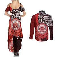 Aloha Vintage Hawaii Tribal Couples Matching Summer Maxi Dress and Long Sleeve Button Shirt Red Style LT9 - Polynesian Pride