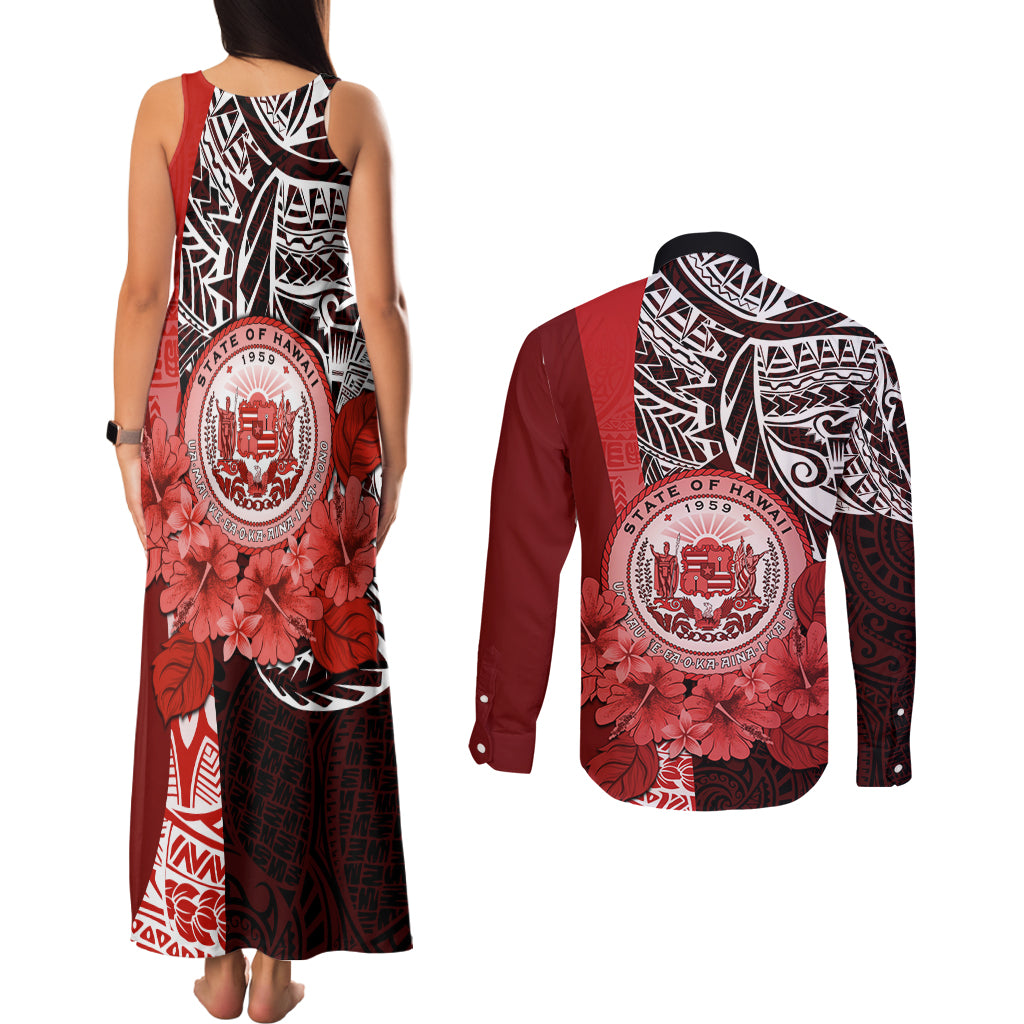 Aloha Vintage Hawaii Tribal Couples Matching Tank Maxi Dress and Long Sleeve Button Shirt Red Style LT9 - Polynesian Pride