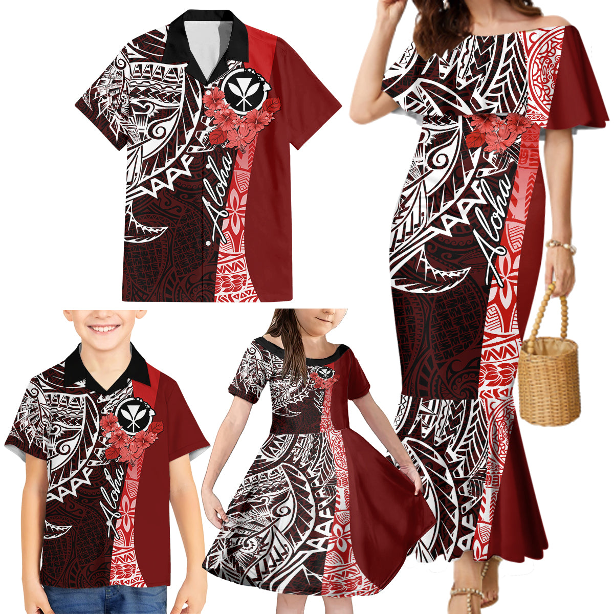 Aloha Vintage Hawaii Tribal Family Matching Mermaid Dress and Hawaiian Shirt Red Style LT9 - Polynesian Pride