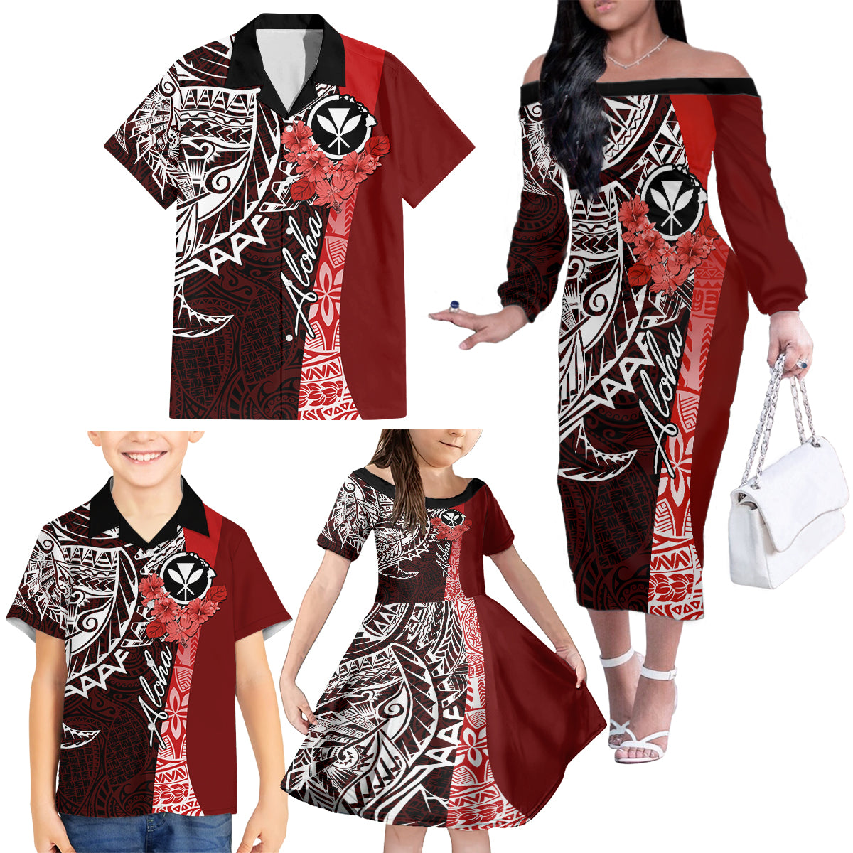 Aloha Vintage Hawaii Tribal Family Matching Off Shoulder Long Sleeve Dress and Hawaiian Shirt Red Style LT9 - Polynesian Pride