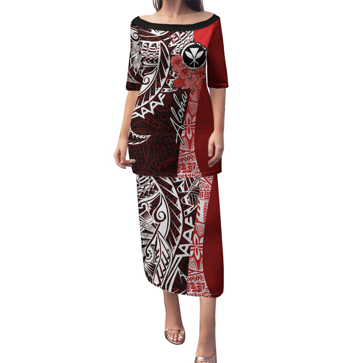 Aloha Vintage Hawaii Tribal Family Matching Puletasi Dress and Hawaiian Shirt Red Style LT9 Mom's Dress Red - Polynesian Pride