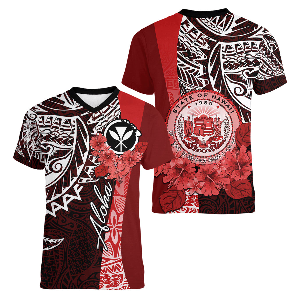 Aloha Vintage Hawaii Tribal Women V Neck T Shirt Red Style LT9 - Polynesian Pride