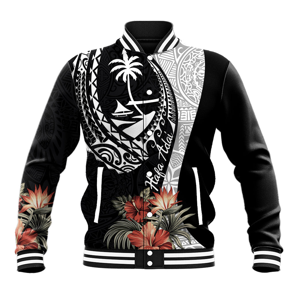 Hafa Adai Guam Baseball Jacket Tropical Flowers with Polynesian Pattern LT9 Unisex Black - Polynesian Pride