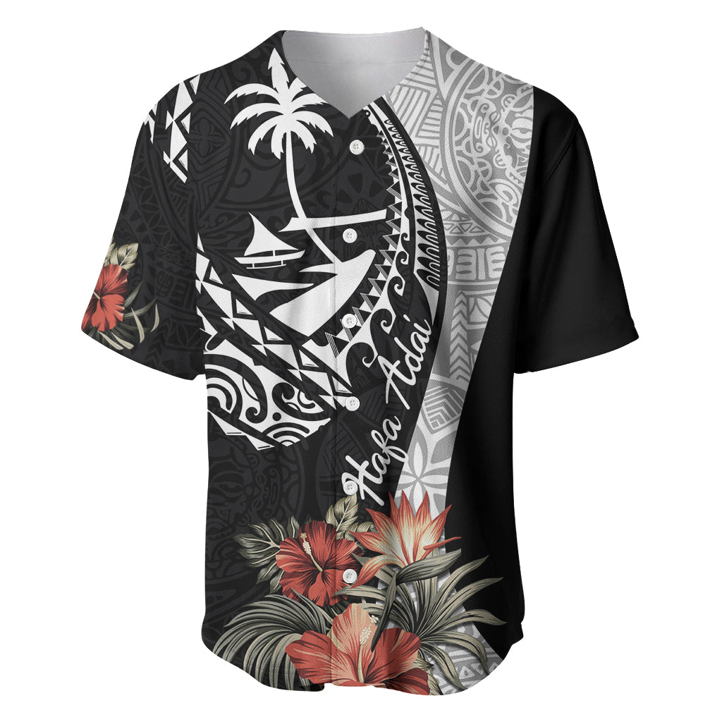 Hafa Adai Guam Baseball Jersey Tropical Flowers with Polynesian Pattern LT9 Black - Polynesian Pride