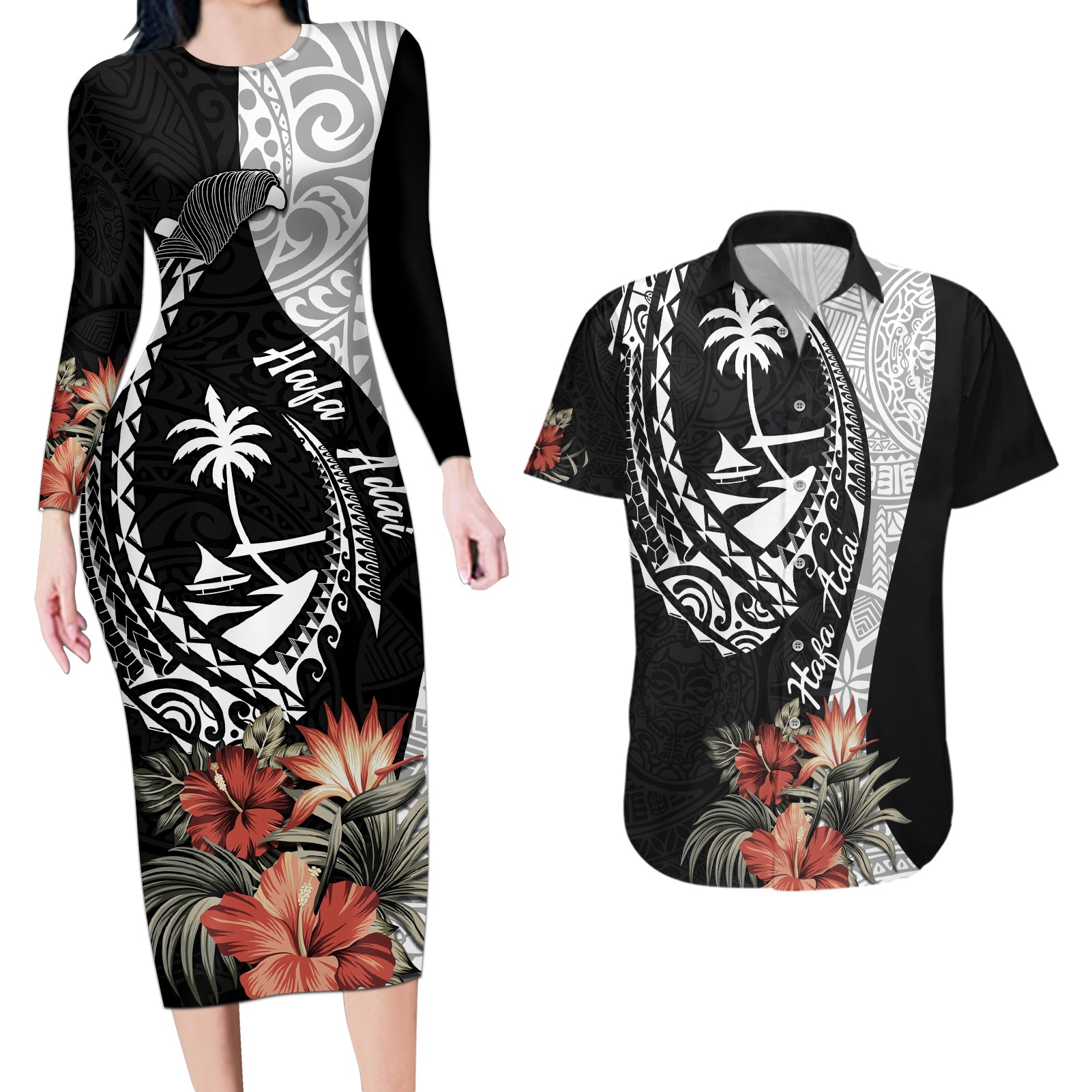 Hafa Adai Guam Couples Matching Long Sleeve Bodycon Dress and Hawaiian Shirt Tropical Flowers with Polynesian Pattern LT9 Black - Polynesian Pride