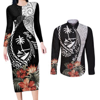 Hafa Adai Guam Couples Matching Long Sleeve Bodycon Dress and Long Sleeve Button Shirt Tropical Flowers with Polynesian Pattern LT9 Black - Polynesian Pride