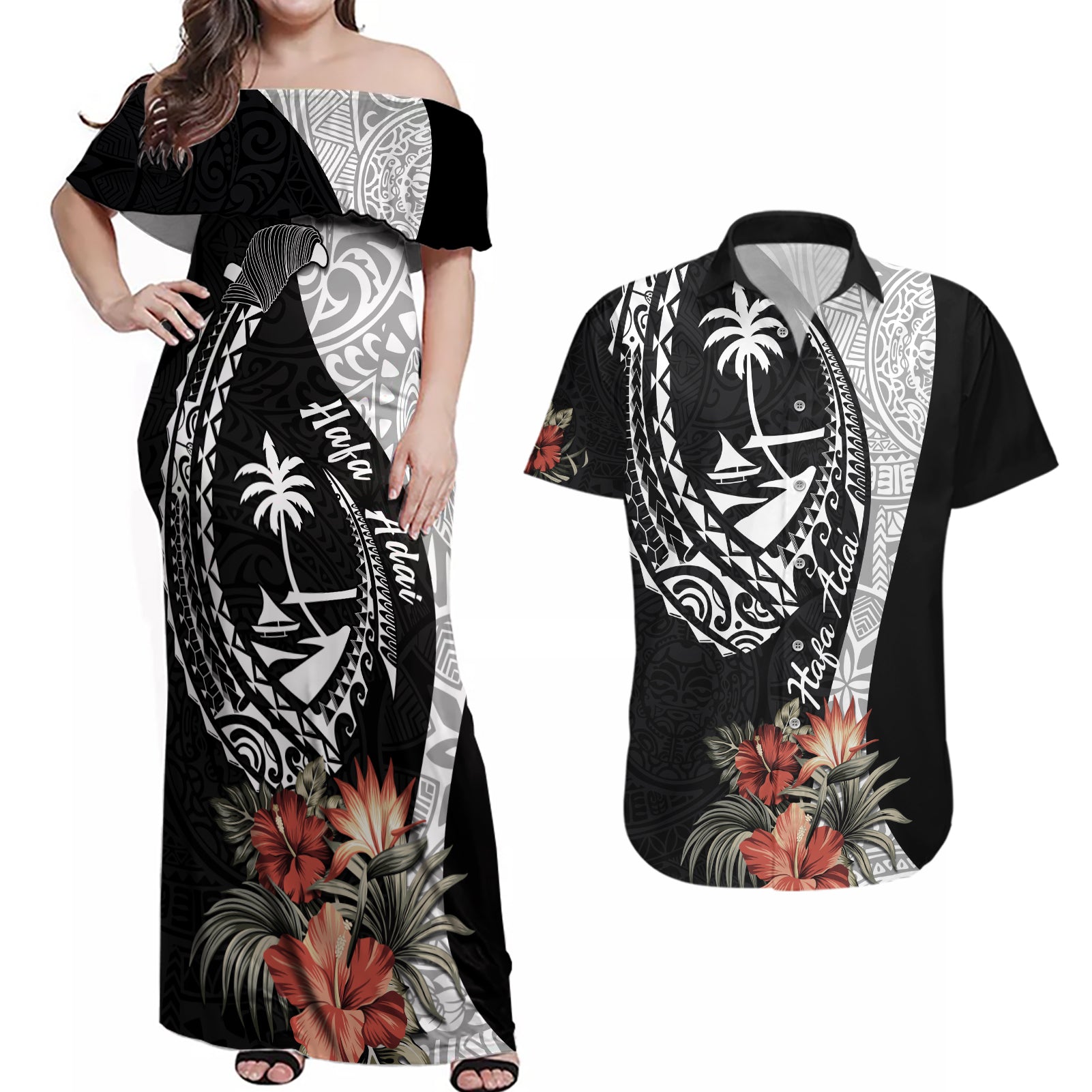 Hafa Adai Guam Couples Matching Off Shoulder Maxi Dress and Hawaiian Shirt Tropical Flowers with Polynesian Pattern LT9 Black - Polynesian Pride