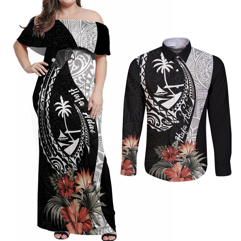 Hafa Adai Guam Couples Matching Off Shoulder Maxi Dress and Long Sleeve Button Shirt Tropical Flowers with Polynesian Pattern LT9 Black - Polynesian Pride