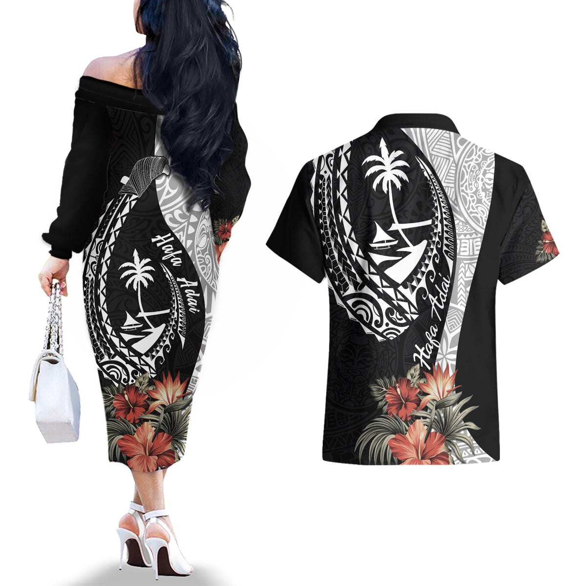 Hafa Adai Guam Couples Matching Off The Shoulder Long Sleeve Dress and Hawaiian Shirt Tropical Flowers with Polynesian Pattern LT9 - Polynesian Pride