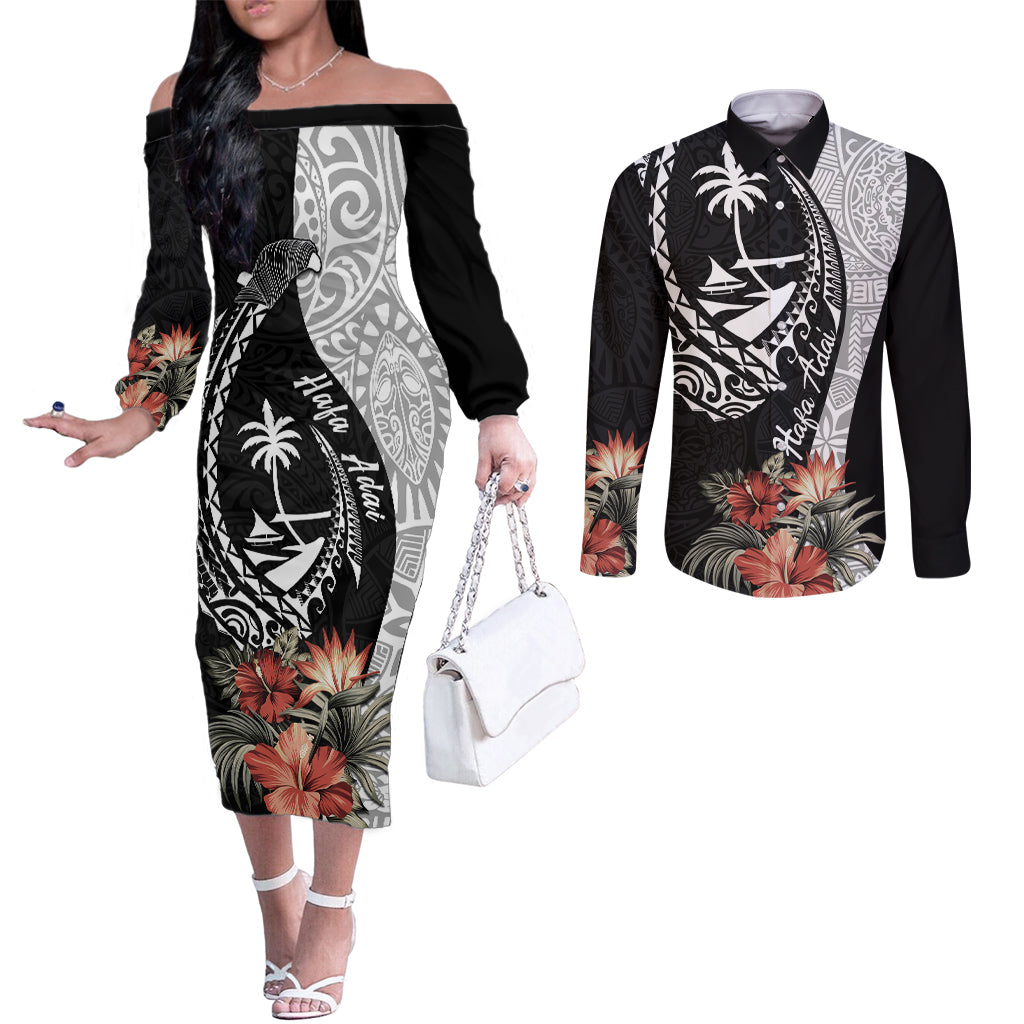 Hafa Adai Guam Couples Matching Off The Shoulder Long Sleeve Dress and Long Sleeve Button Shirt Tropical Flowers with Polynesian Pattern LT9 Black - Polynesian Pride