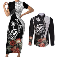 Hafa Adai Guam Couples Matching Short Sleeve Bodycon Dress and Long Sleeve Button Shirt Tropical Flowers with Polynesian Pattern LT9 Black - Polynesian Pride