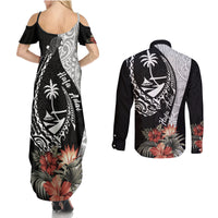 Hafa Adai Guam Couples Matching Summer Maxi Dress and Long Sleeve Button Shirt Tropical Flowers with Polynesian Pattern LT9 - Polynesian Pride