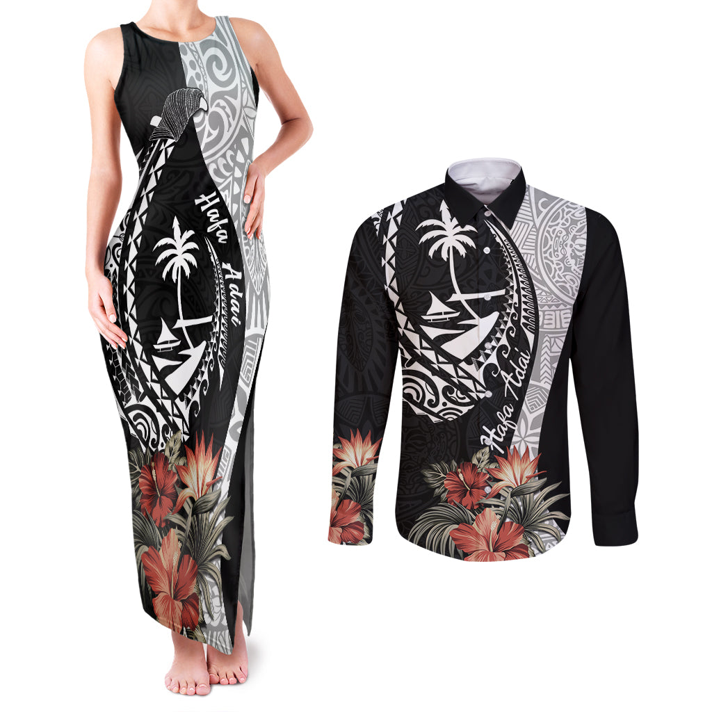 Hafa Adai Guam Couples Matching Tank Maxi Dress and Long Sleeve Button Shirt Tropical Flowers with Polynesian Pattern LT9 Black - Polynesian Pride