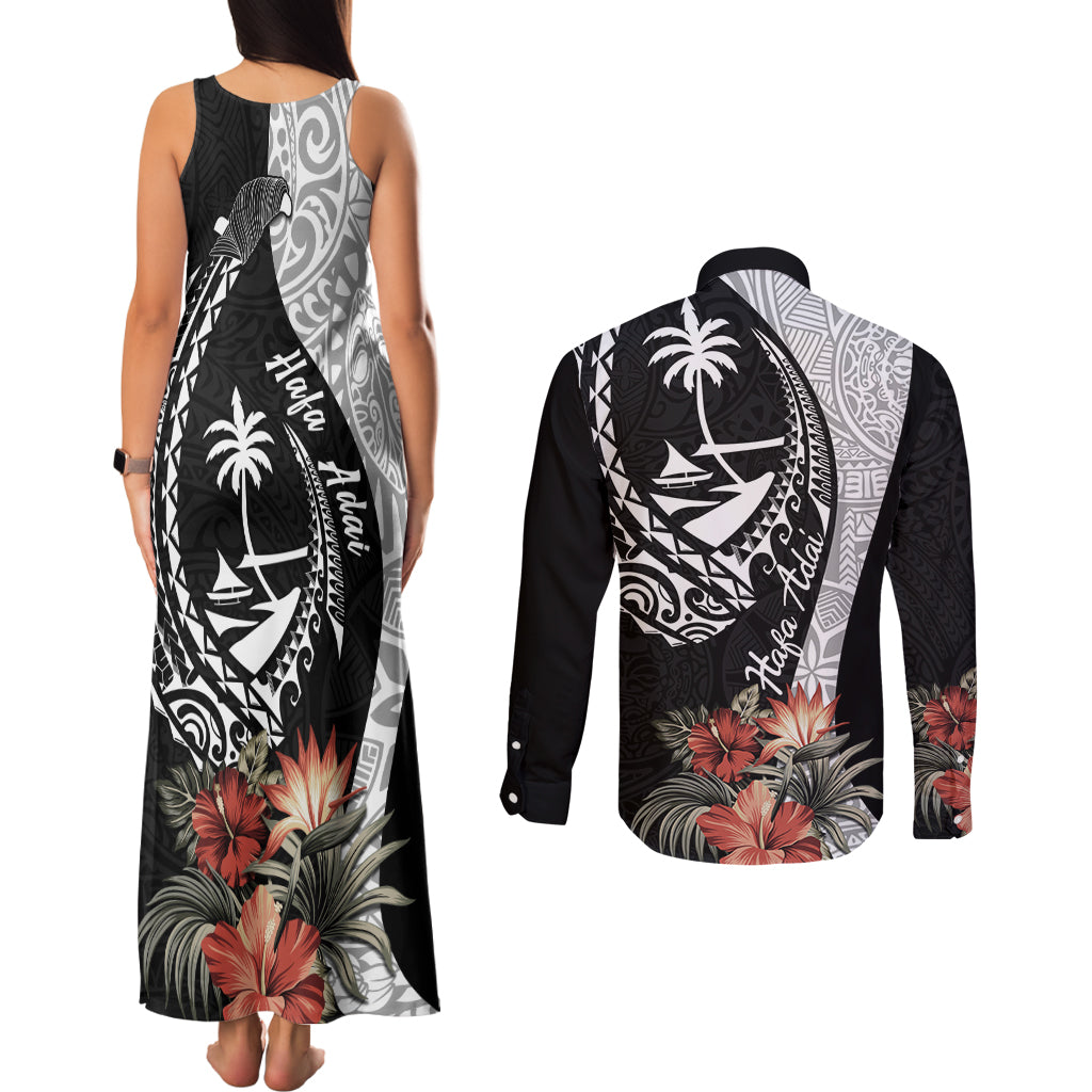 Hafa Adai Guam Couples Matching Tank Maxi Dress and Long Sleeve Button Shirt Tropical Flowers with Polynesian Pattern LT9 - Polynesian Pride