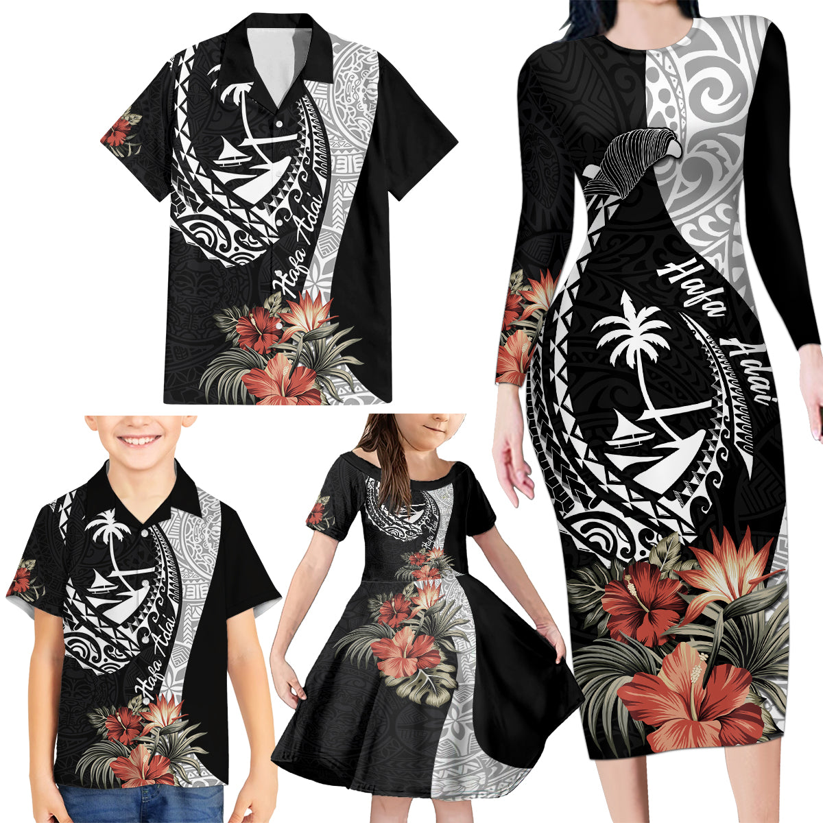 Hafa Adai Guam Family Matching Long Sleeve Bodycon Dress and Hawaiian Shirt Tropical Flowers with Polynesian Pattern LT9 - Polynesian Pride