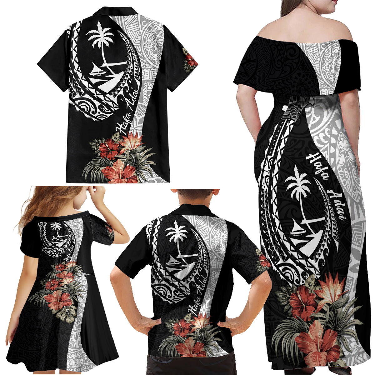 Hafa Adai Guam Family Matching Off Shoulder Maxi Dress and Hawaiian Shirt Tropical Flowers with Polynesian Pattern LT9 - Polynesian Pride