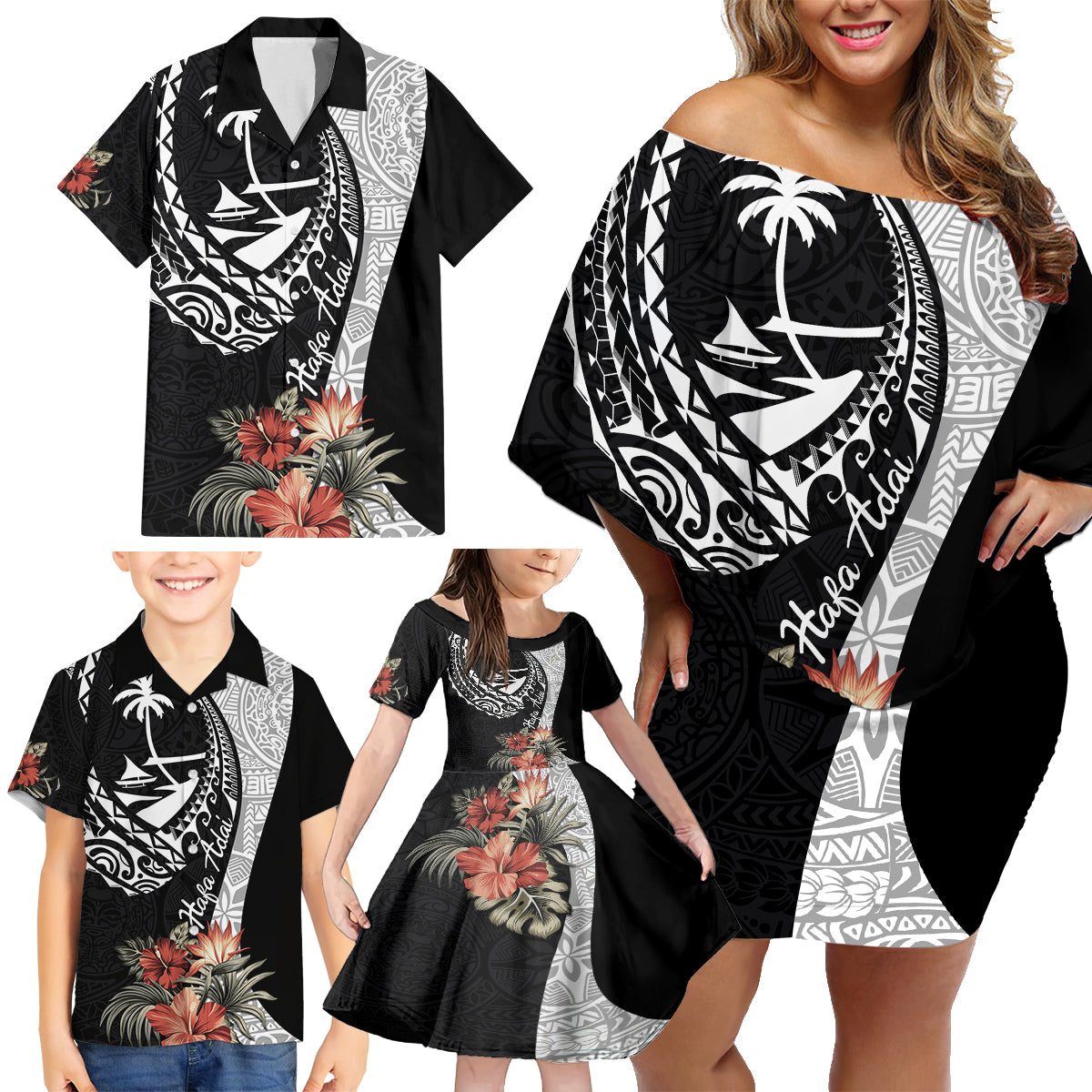 Hafa Adai Guam Family Matching Off Shoulder Short Dress and Hawaiian Shirt Tropical Flowers with Polynesian Pattern LT9 - Polynesian Pride