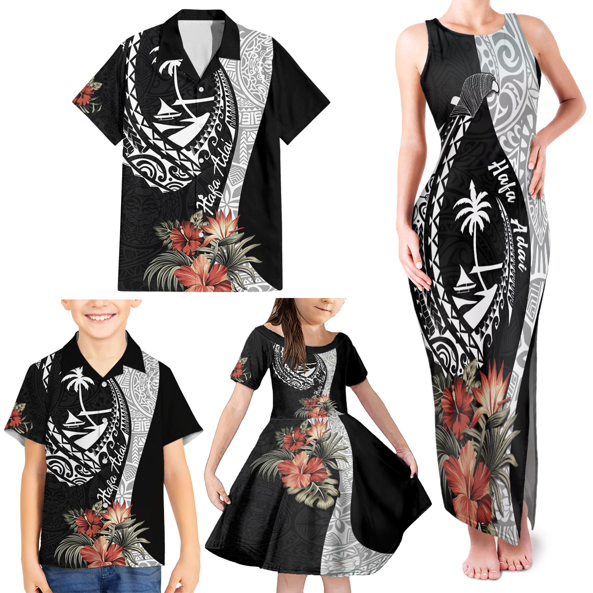 Hafa Adai Guam Family Matching Tank Maxi Dress and Hawaiian Shirt Tropical Flowers with Polynesian Pattern LT9 - Polynesian Pride