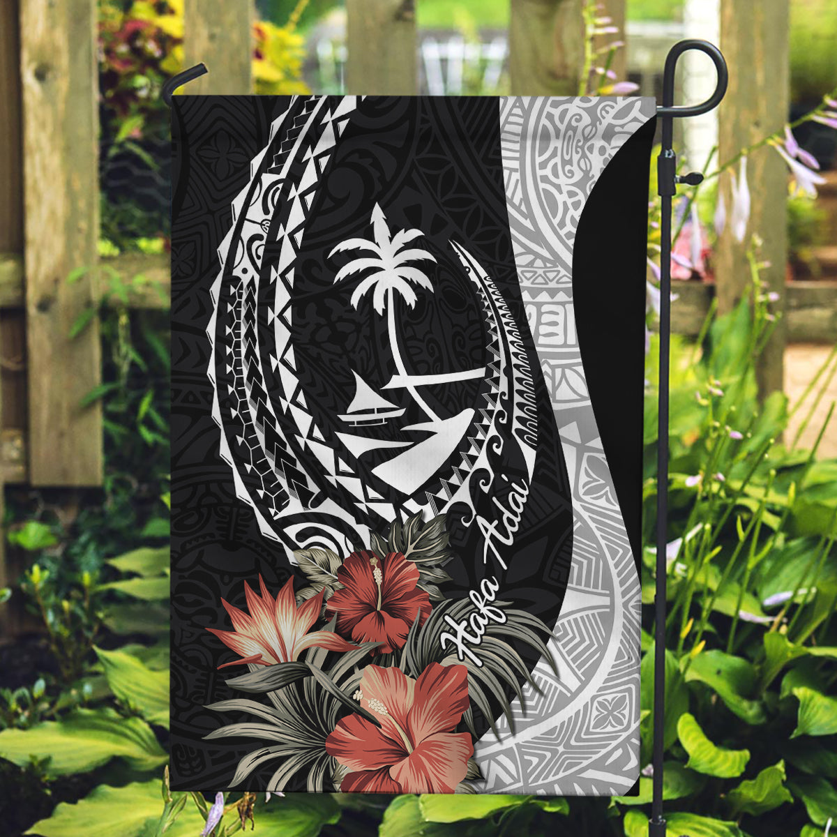 Hafa Adai Guam Garden Flag Tropical Flowers with Polynesian Pattern LT9 Garden Flag Black - Polynesian Pride