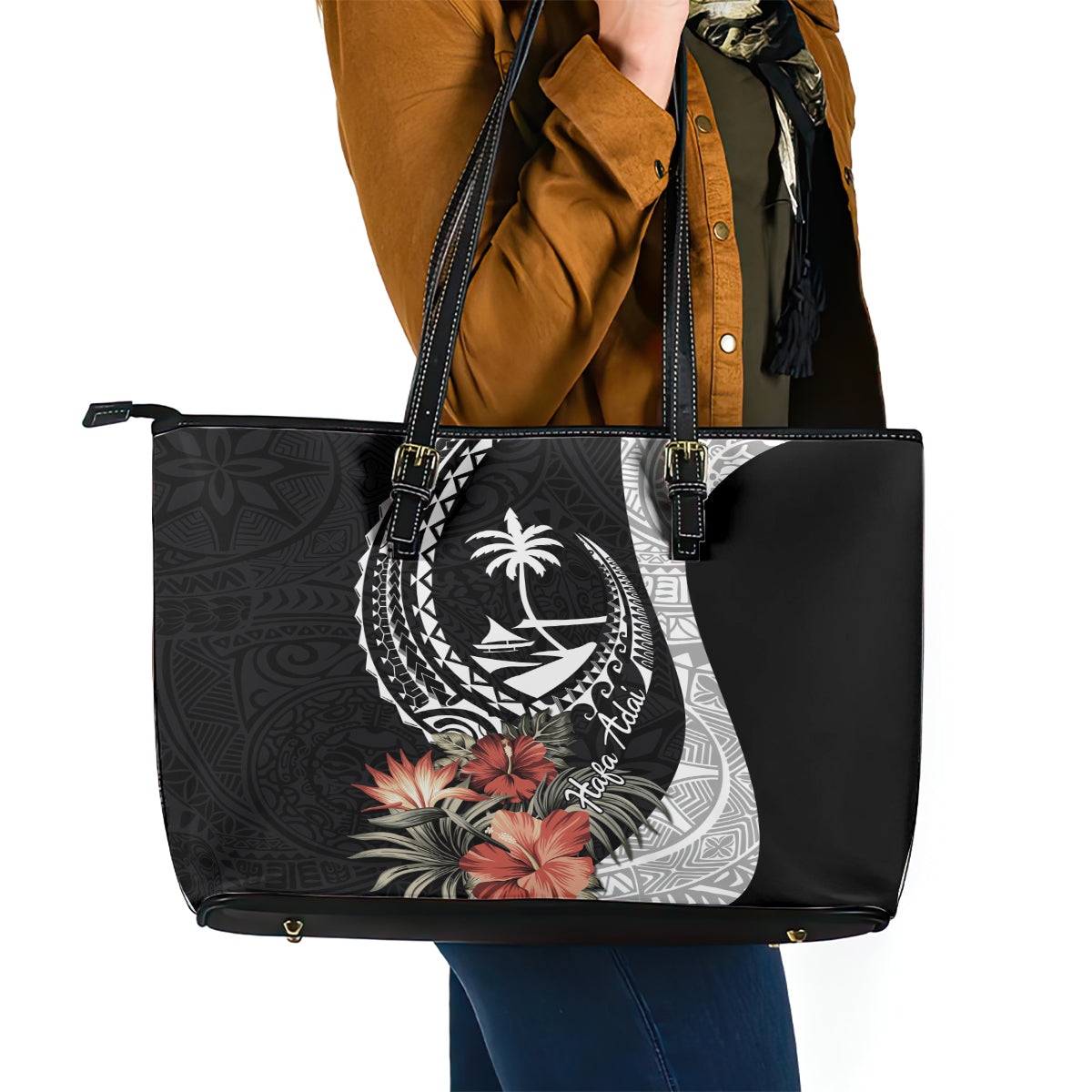 Hafa Adai Guam Leather Tote Bag Tropical Flowers with Polynesian Pattern LT9 - Polynesian Pride