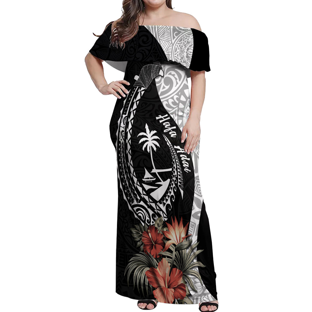 Hafa Adai Guam Off Shoulder Maxi Dress Tropical Flowers with Polynesian Pattern LT9 Women Black - Polynesian Pride