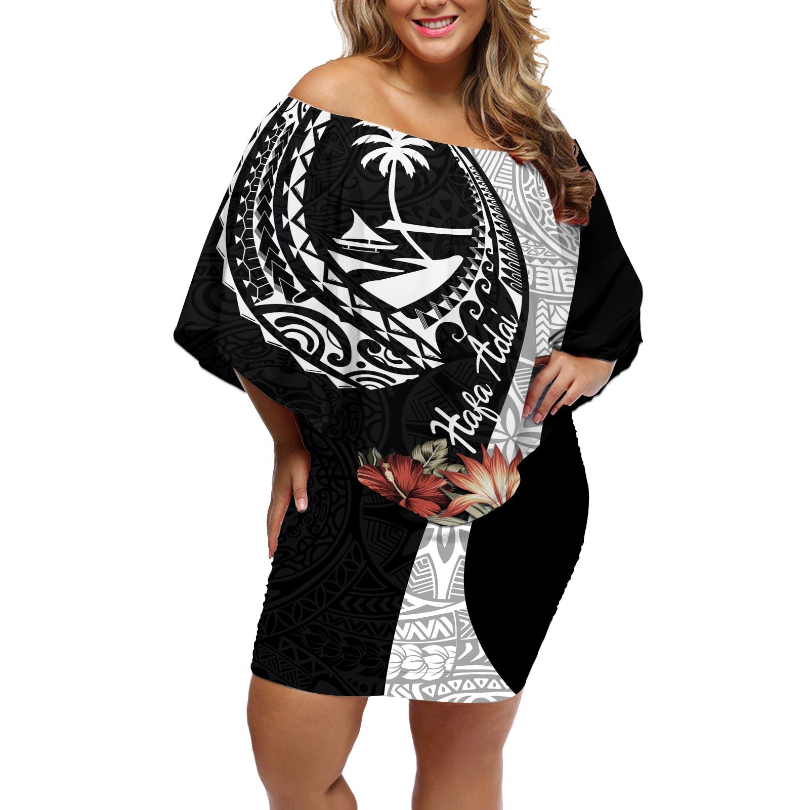 Hafa Adai Guam Off Shoulder Short Dress Tropical Flowers with Polynesian Pattern LT9 Women Black - Polynesian Pride