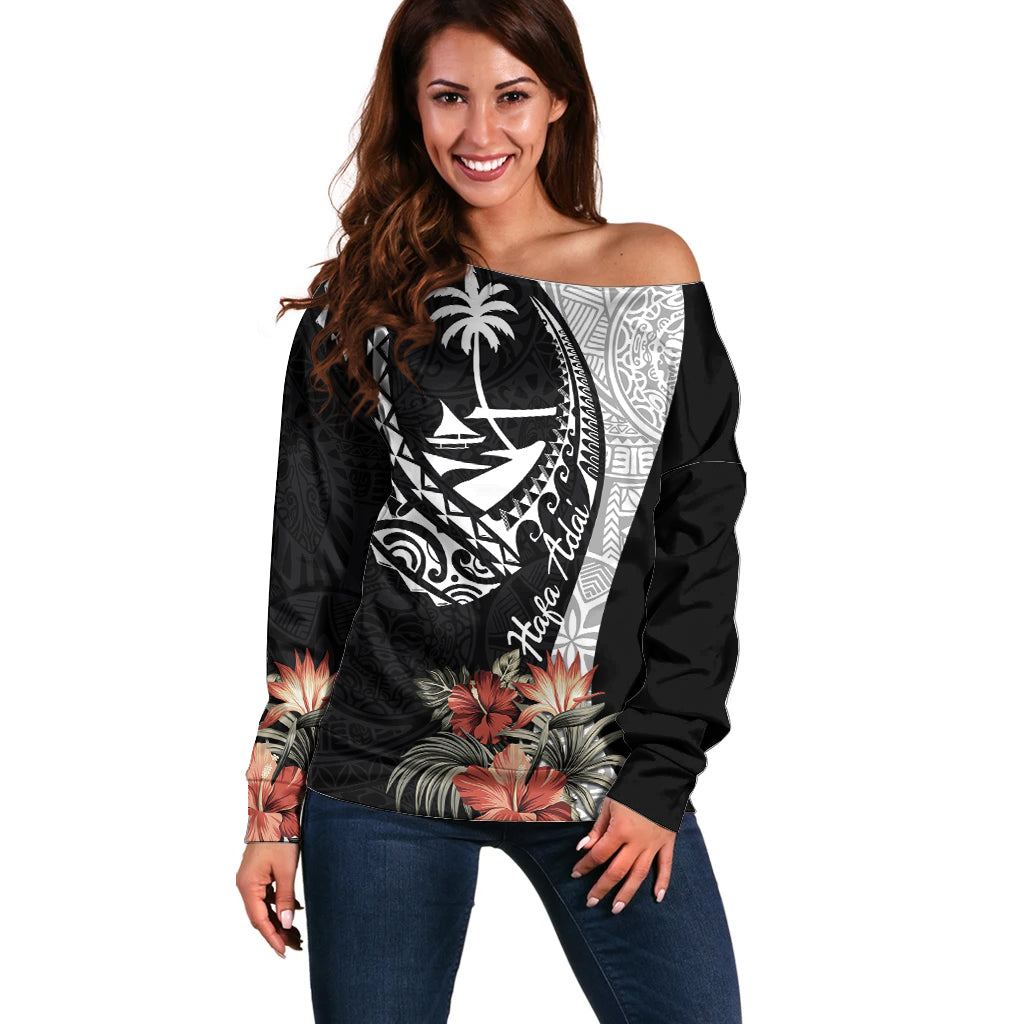 Hafa Adai Guam Off Shoulder Sweater Tropical Flowers with Polynesian Pattern LT9 Women Black - Polynesian Pride