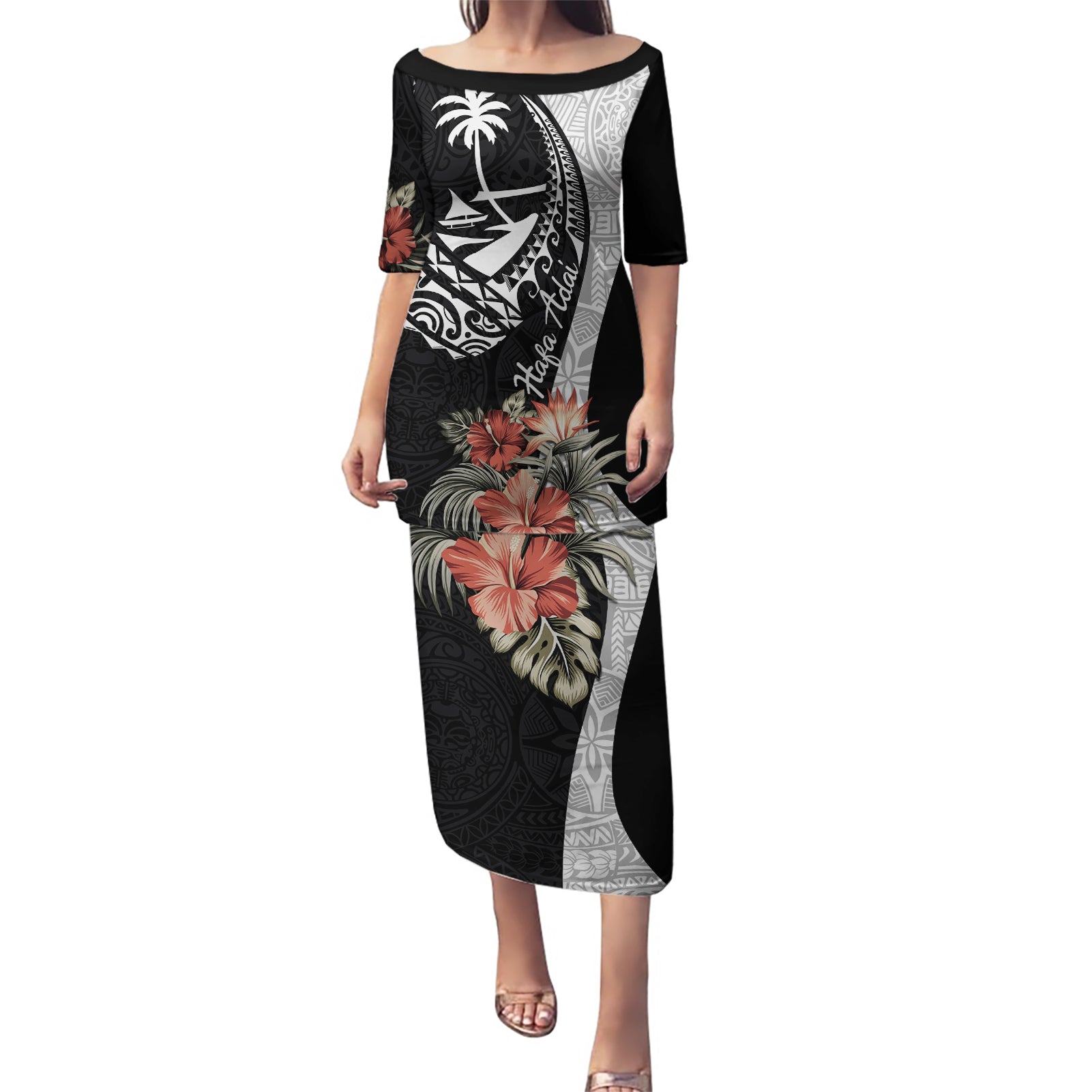 Hafa Adai Guam Puletasi Tropical Flowers with Polynesian Pattern LT9 Long Dress Black - Polynesian Pride