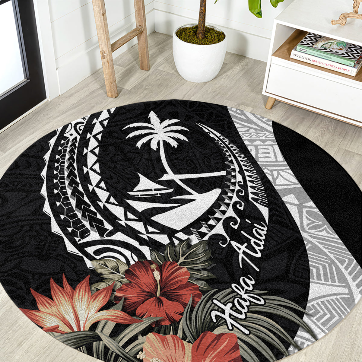 Hafa Adai Guam Round Carpet Tropical Flowers with Polynesian Pattern LT9 Black - Polynesian Pride