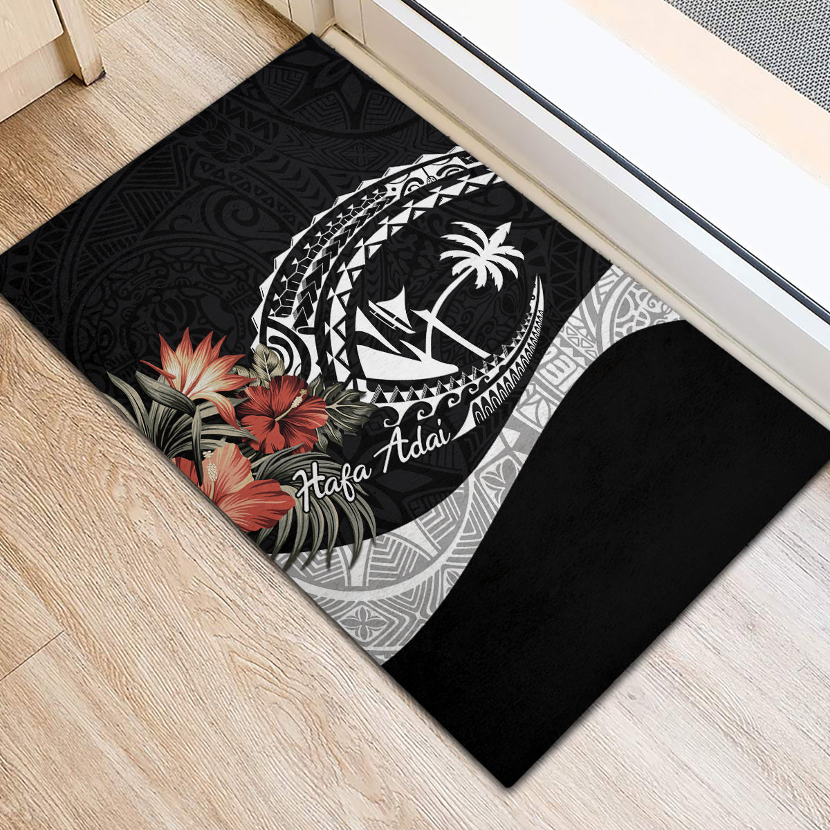 Hafa Adai Guam Rubber Doormat Tropical Flowers with Polynesian Pattern LT9 - Polynesian Pride