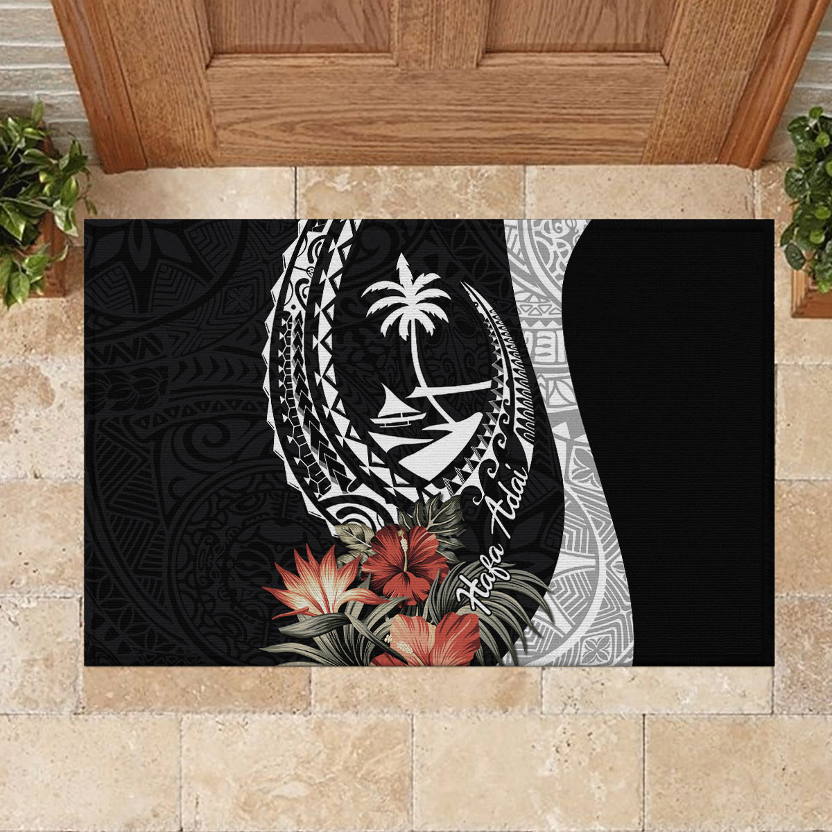 Hafa Adai Guam Rubber Doormat Tropical Flowers with Polynesian Pattern LT9 - Polynesian Pride
