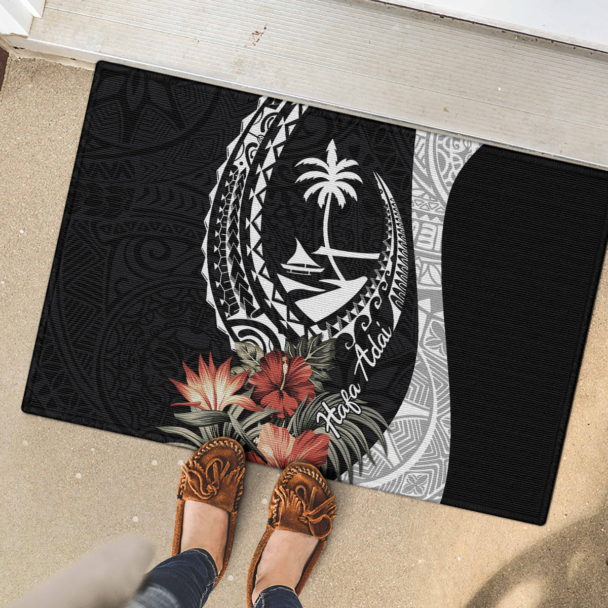 Hafa Adai Guam Rubber Doormat Tropical Flowers with Polynesian Pattern LT9 - Polynesian Pride