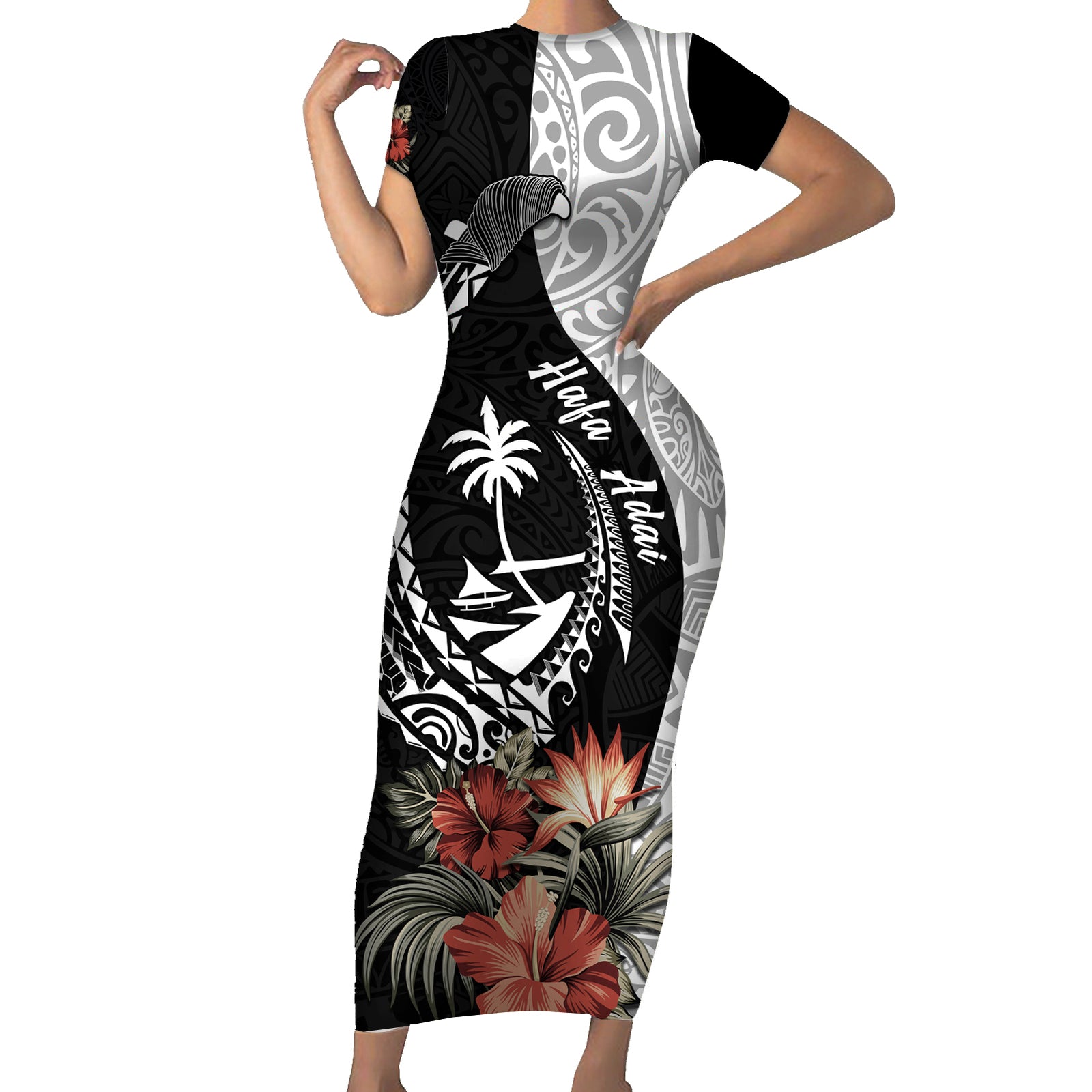 Hafa Adai Guam Short Sleeve Bodycon Dress Tropical Flowers with Polynesian Pattern LT9 Long Dress Black - Polynesian Pride