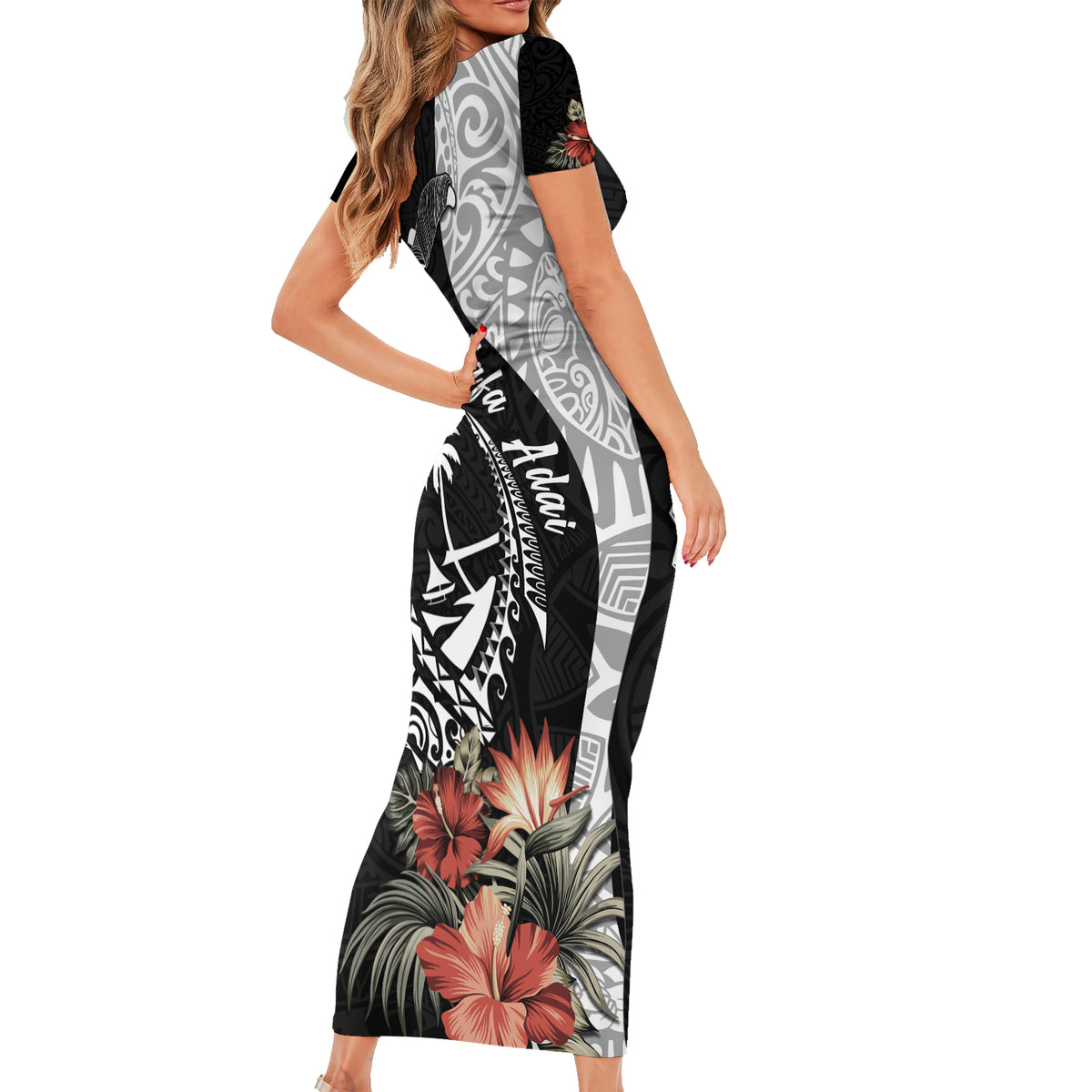Hafa Adai Guam Short Sleeve Bodycon Dress Tropical Flowers with Polynesian Pattern LT9 - Polynesian Pride