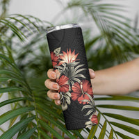 Guam Hafa Adai Skinny Tumbler Tropical Flowers with Polynesian Pattern