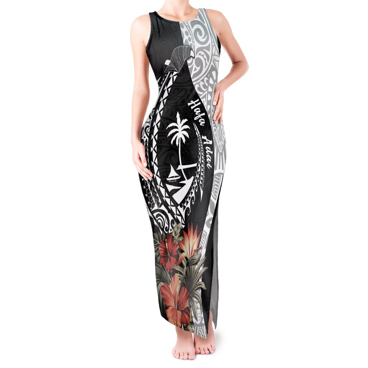 Hafa Adai Guam Tank Maxi Dress Tropical Flowers with Polynesian Pattern LT9 Women Black - Polynesian Pride