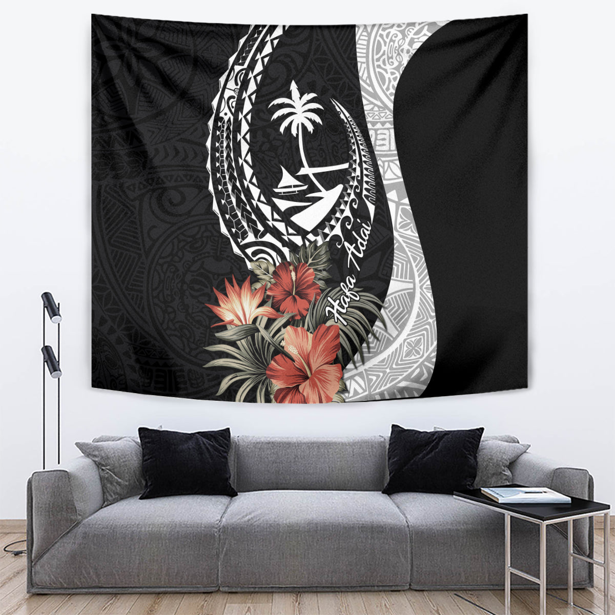 Hafa Adai Guam Tapestry Tropical Flowers with Polynesian Pattern LT9 - Polynesian Pride