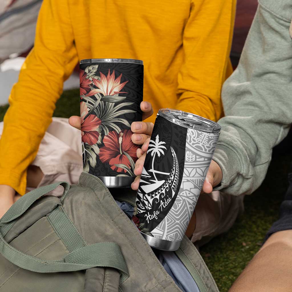 Guam Hafa Adai Tumbler Cup Tropical Flowers with Polynesian Pattern