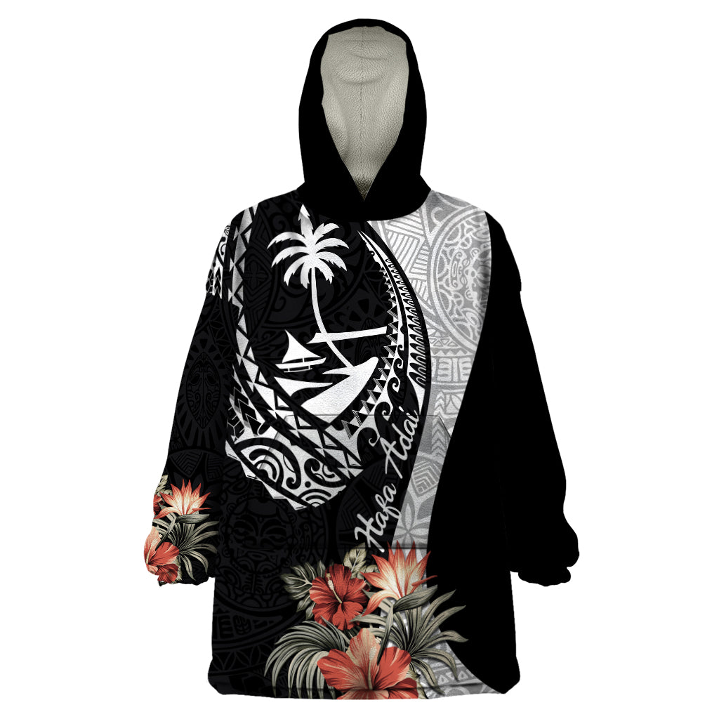 Hafa Adai Guam Wearable Blanket Hoodie Tropical Flowers with Polynesian Pattern LT9 One Size Black - Polynesian Pride